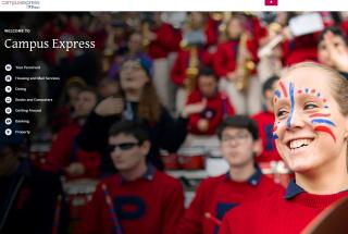 Screenshot of the Campus Express home page. Penn band in the background. Girl with red and blue face paint.