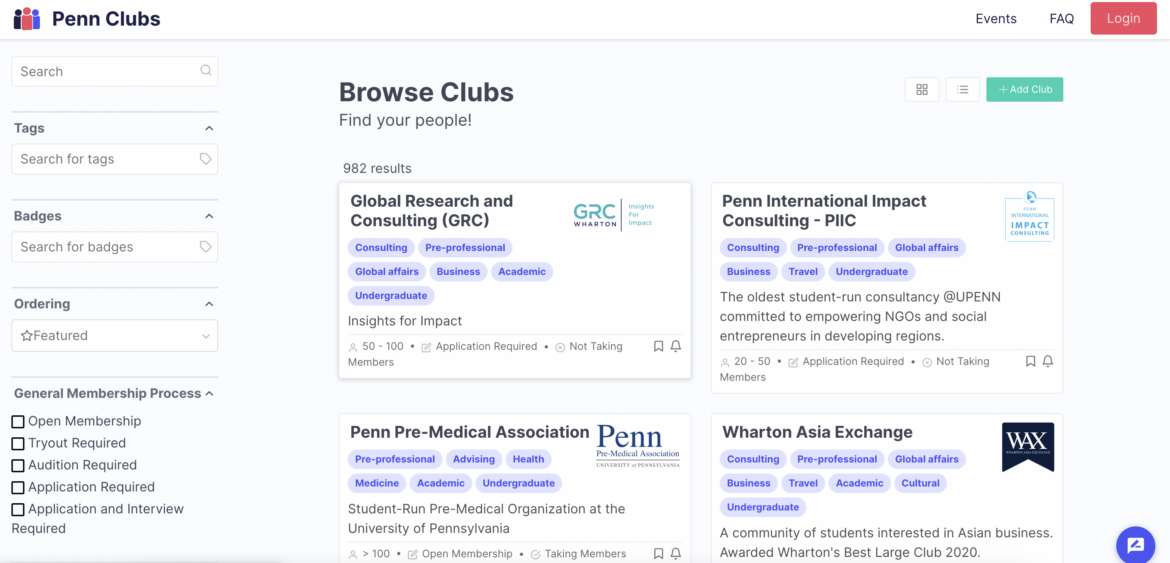 Penn Clubs homepage